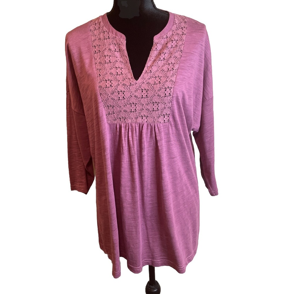 Chaps Women 1X Top Plum Purple Lace Inset Split Neck Slub Knit 3/4 Sleeve Blouse